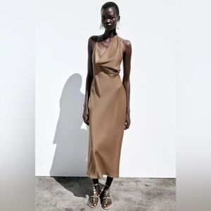 Zara Brown Halter satin maxi Dress evening wedding party cocktail